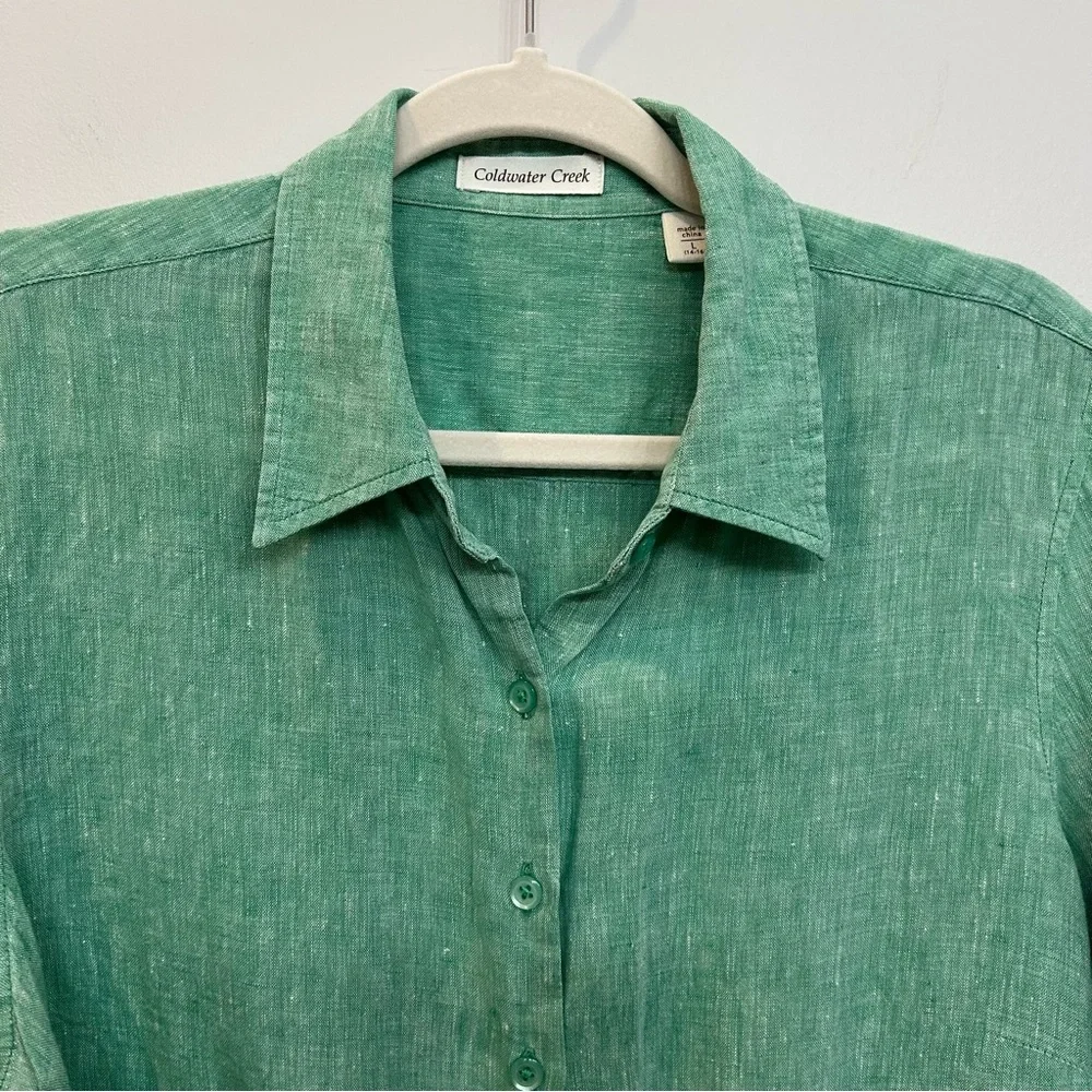 Coldwater Creek 100% Linen Button Up Blouse Quarter Length Sleeves Green Size L - Picture 2 of 11
